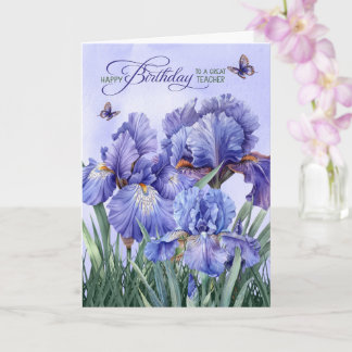 for Teacher Purple Iris with Butterflies Birthday Kaart