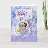 for Wife Cup of Tea and Purple Flowers Birthday Kaart (Voorkant)