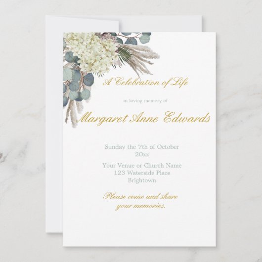 Foraalherdenkingsfoto van Floral Blue Gold Elegant Kaart (Voorkant)