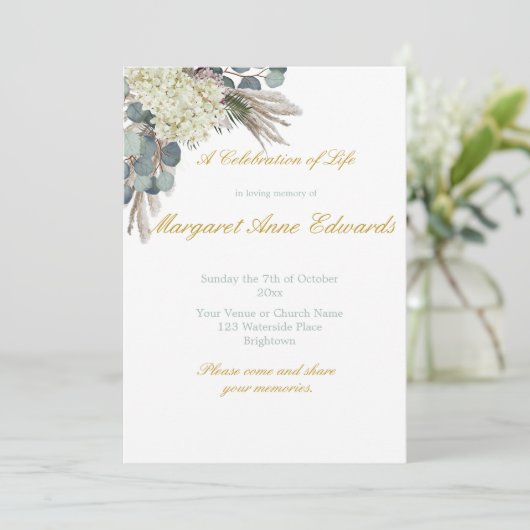 Foraalherdenkingsfoto van Floral Blue Gold Elegant Kaart (Staand voorkant)