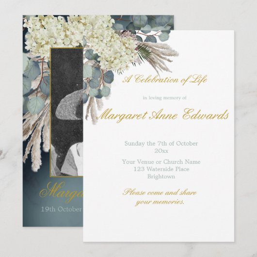 Foraalherdenkingsfoto van Floral Blue Gold Elegant Kaart (Voorkant / Achterkant)