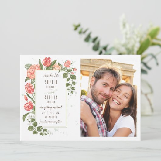 Foral Embrace Save the Date Photo Card Kaart (Staand voorkant)