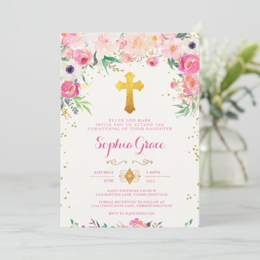 Foral en Gouden Kruis Uitnodiging (Staand voorkant)