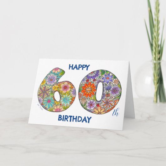Foral Nummer Verjaardag Kaart - Happy 60th Birthda (Voorkant)