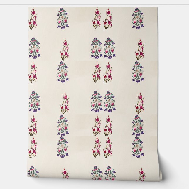 Foral retro look beige roze paarse Wallpaper Behang (Afrollen)