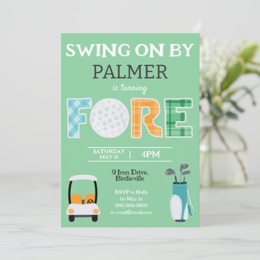 Fore, 4e verjaardag Swing On By Party Kaart (Staand voorkant)