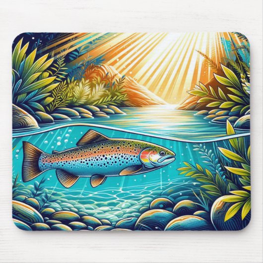 Forel in de kristalheldere rivier onder het weelde muismat (Voorkant)