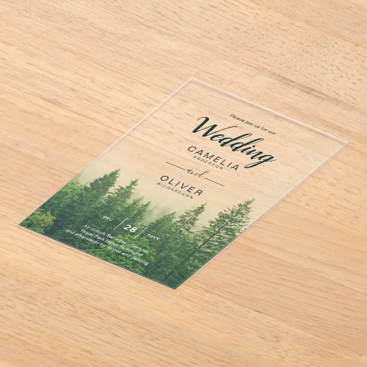 Forest Acrylic Wedding nodigt mistige pijnbomen ui Acryl Uitnodigingen (Laagn)