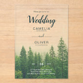 Forest Acrylic Wedding nodigt mistige pijnbomen ui Acryl Uitnodigingen (Voorkant)