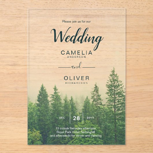 Forest Acrylic Wedding nodigt mistige pijnbomen ui Acryl Uitnodigingen (Voorkant)