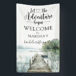 Forest Adventure begint met Bachelorette Party Spandoek<br><div class="desc">Een waterverf bosavontuur van de eeuwige bruid-doucheuitnodiging met een avontuur begint met thema. Calligrafie scripttypografie.</div>