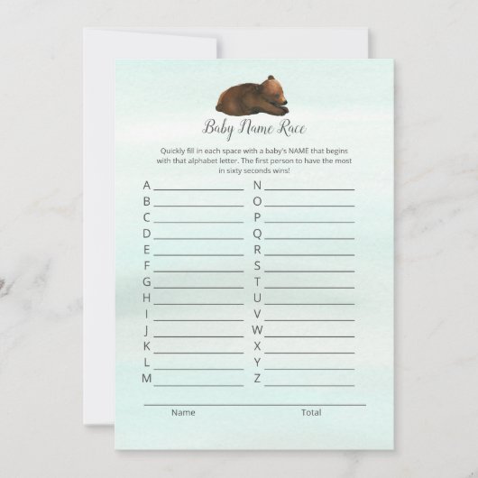 Forest Adventure Beren Baby Naam Race Game Card Kaart (Voorkant)