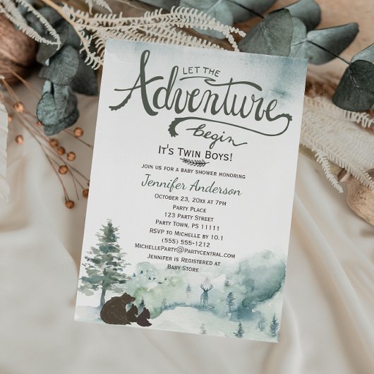 Forest Adventure Boy Country Twin Boys Baby shower Kaart
