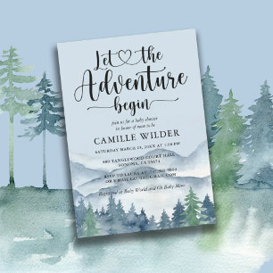 Forest Adventure Mountains Blue Baby shower Kaart