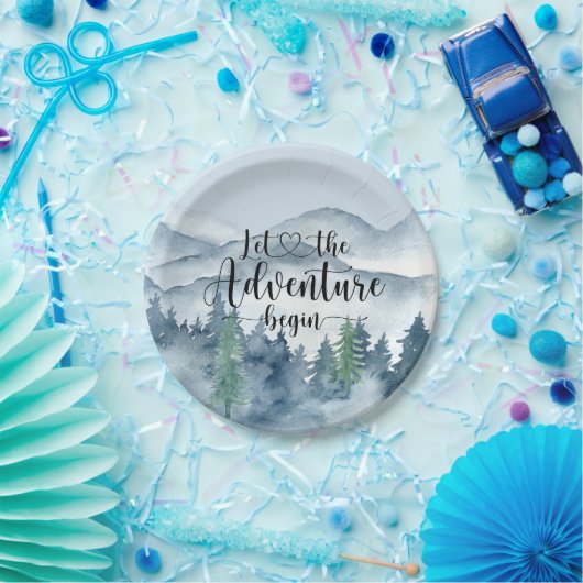 Forest Adventure Mountains Blue Baby shower Papieren Bordje (Feest)
