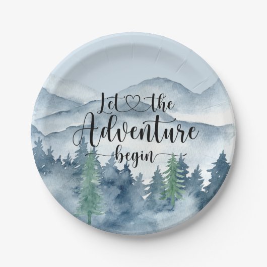 Forest Adventure Mountains Blue Baby shower Papieren Bordje (Voorkant)