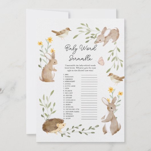 Forest Animal Baby shower Word Scramble Game Kaart (Voorkant)