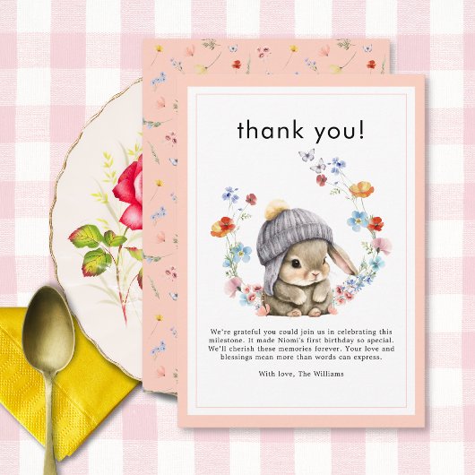 Forest Animal Bunny Botanical 1st Birthday Bedankkaart