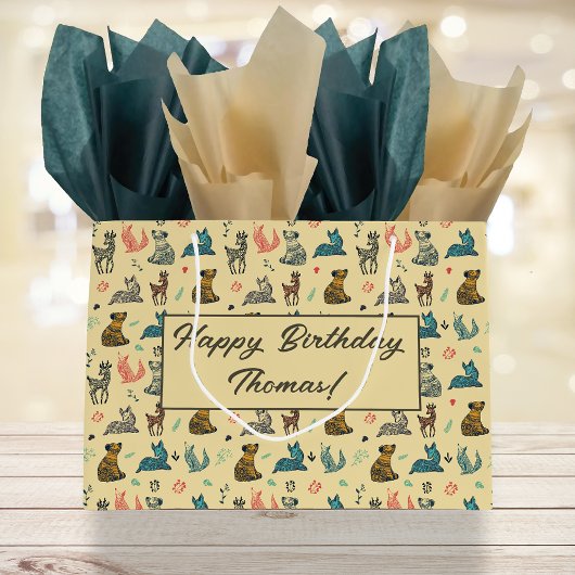 Forest Animal Doodle Patroon | Geel Groot Cadeauzakje