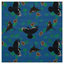 Forest Animal Leaf Crow Pattern Zwarte vogel op bl Stof
