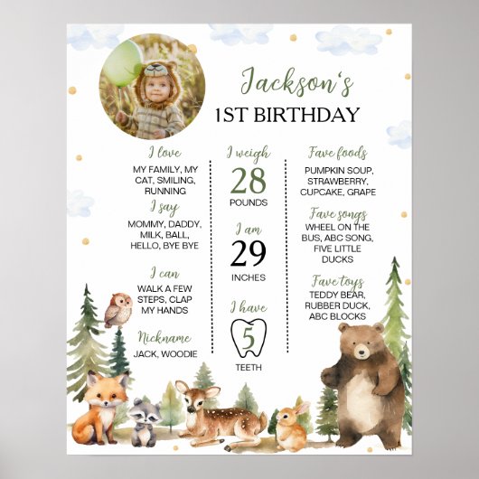 Forest Animals 1st Birthday Milestone Sign Poster (Voorkant)