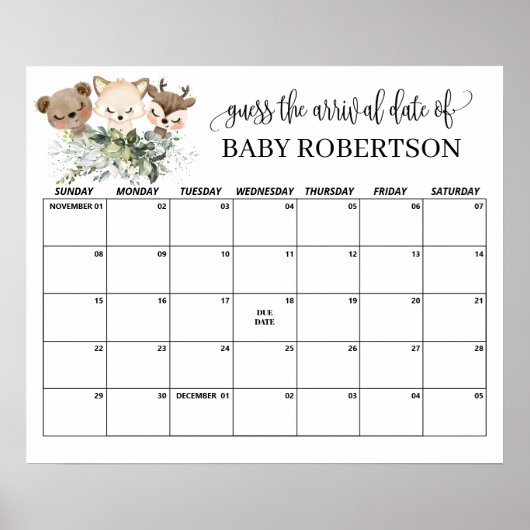 Forest Animals Baby shower: Vervaldatum kalender Poster (Voorkant)