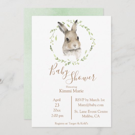 Forest Animals Bunny Rabbit Script Waterverf Baby Kaart (Voorkant / Achterkant)