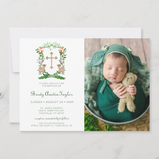 Forest Animals Crest Photo Baptism Invitation Kaart (Voorkant)