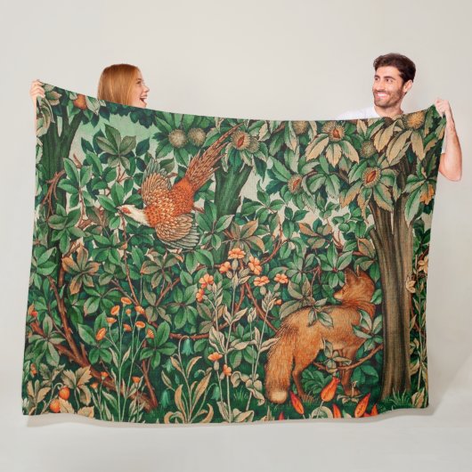FOREST ANIMALS Pheasant ,Red Fox,Green Floral Fleece Deken (In situ)