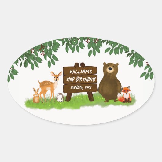 Forest Animals Rustic Woodland Kid's Birthday Ovale Sticker (Voorkant)