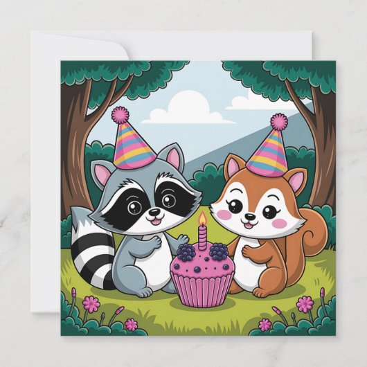 Forest Animals Themed Girl's First Birthday Kaart (Voorkant)