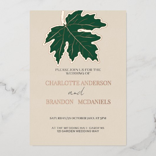 Forest Autumn Maple Leaf Wedding Roos Gold Folie Uitnodiging (Voorkant)