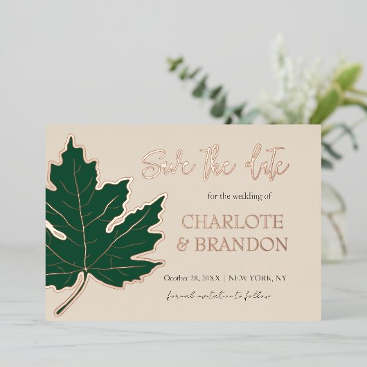 Forest Autumn Maple Leaf Wedding Save the Date Folie Uitnodiging (Staand Voorkant)