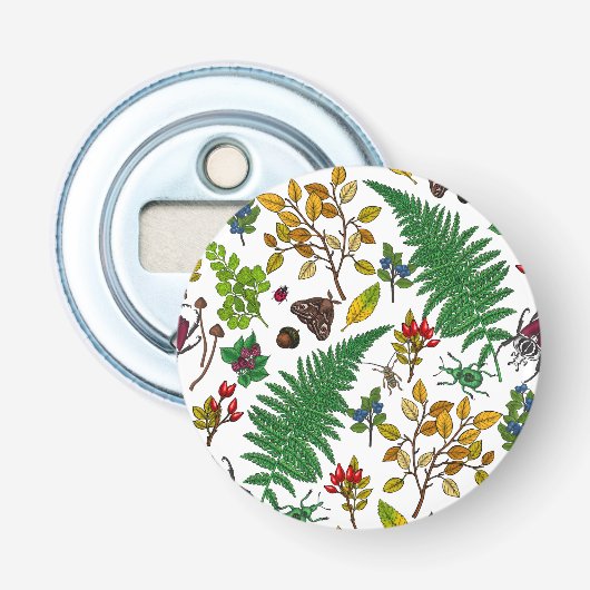 Forest berries, leaves and bugs on white button flesopener (Voorkant)