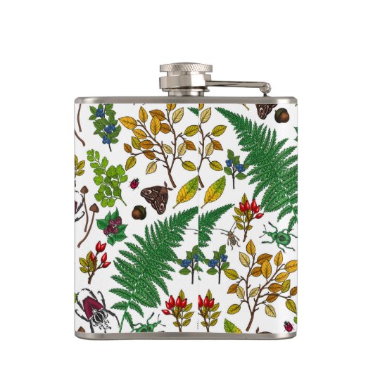 Forest berries, leaves and bugs on white heupfles (Achterkant)