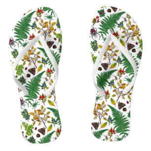 Forest berries, leaves and bugs on white teenslippers