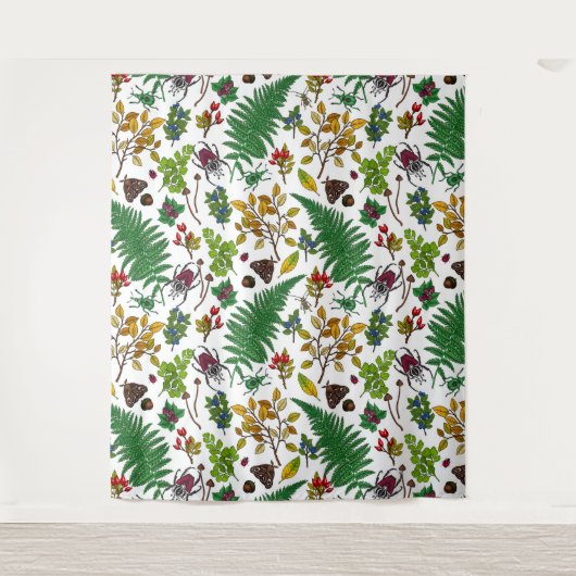 Forest berries, leaves and bugs on white wandkleed (Voorkant)