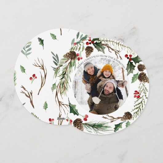 Forest Berry Pinecone Round Photo Feestdagenkaart (Voorkant / Achterkant)