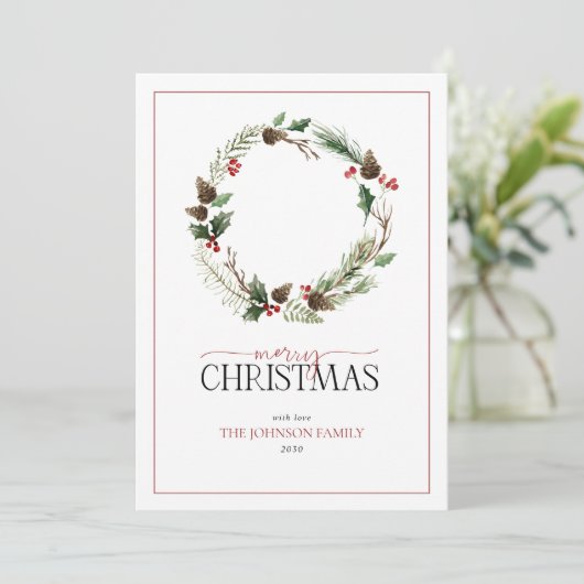 Forest Berry Pinecone Wreath Merry Kerstmis Feestdagenkaart (Staand voorkant)