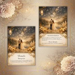 forest Blue Gold Starry Night Lake wedding Informatiekaartje