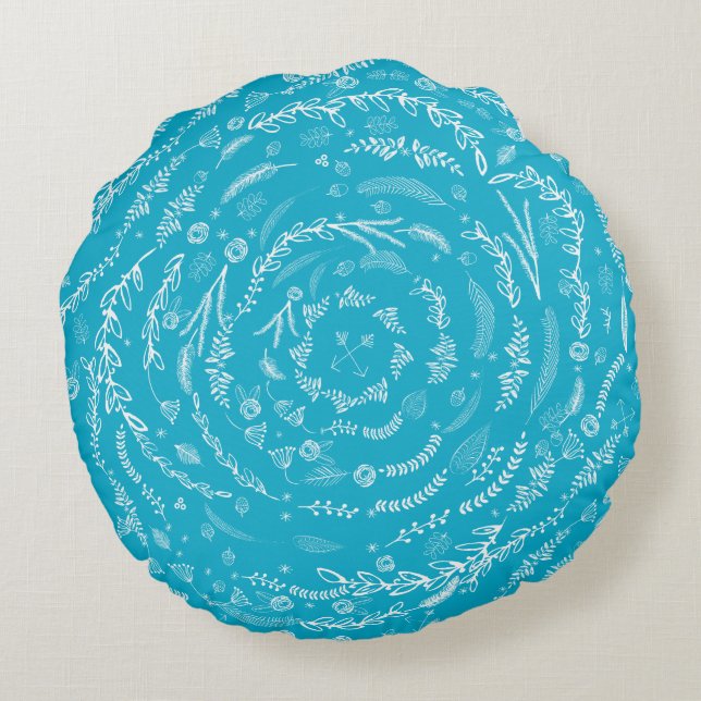 Forest Blue Reversible Grey Floral Garland Pattern Rond Kussen (Achterkant)