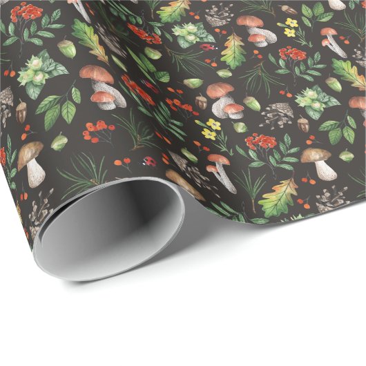 Forest Bounty: Waterverf paddenstoelenpatroon Cadeaupapier (Rol Hoek)