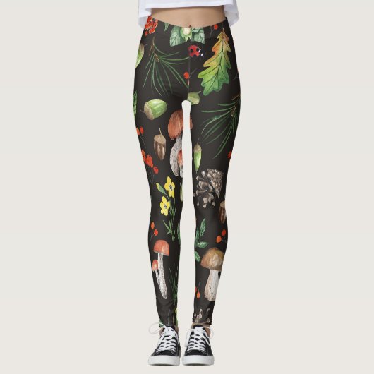 Forest Bounty: Waterverf paddenstoelenpatroon Leggings (Voorkant)