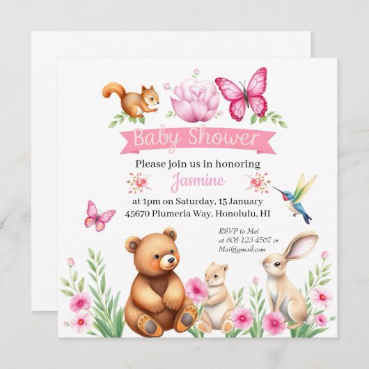 Forest Critters meisje baby shower Kaart (Voorkant / Achterkant)