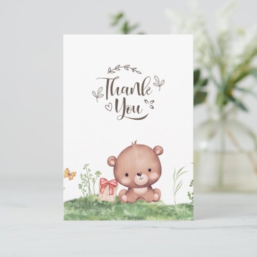 Forest Cute Beer Floral Baby shower Aangepast Bedankkaart (Staand voorkant)