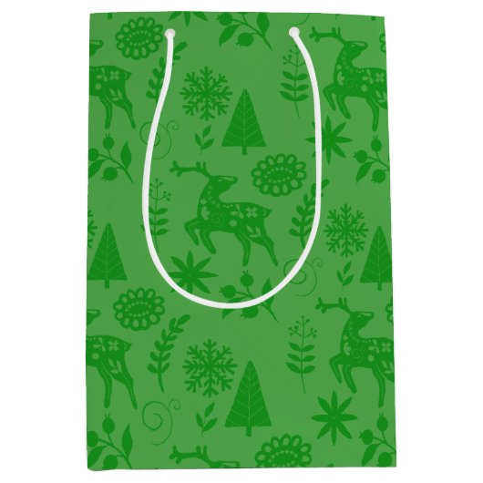 Forest Deer Folk Art Green Gift Bag Medium Cadeauzakje (Voorkant)
