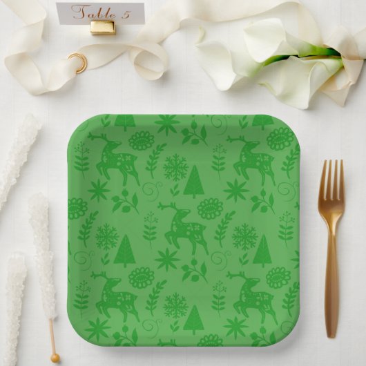 Forest Deer Folk Art Green Papieren Bordje (Huwelijk)