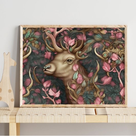 Forest Deer Pink Verborgen Dier | Duurmuurafdrukke Poster