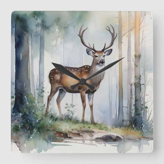 Forest Deer Wall Clock Vierkante Klok (Voorkant)