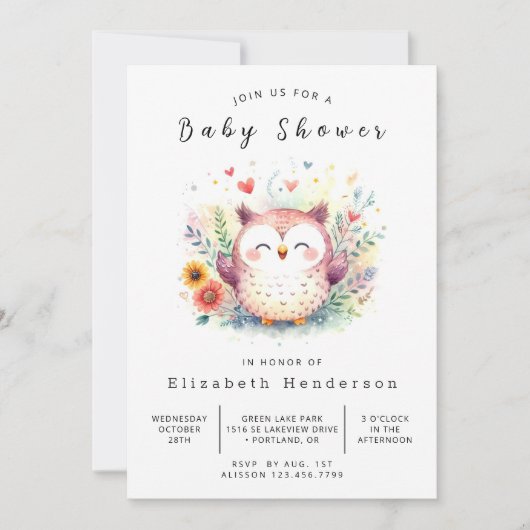 Forest Editable Owl Baby shower Kaart (Voorkant)